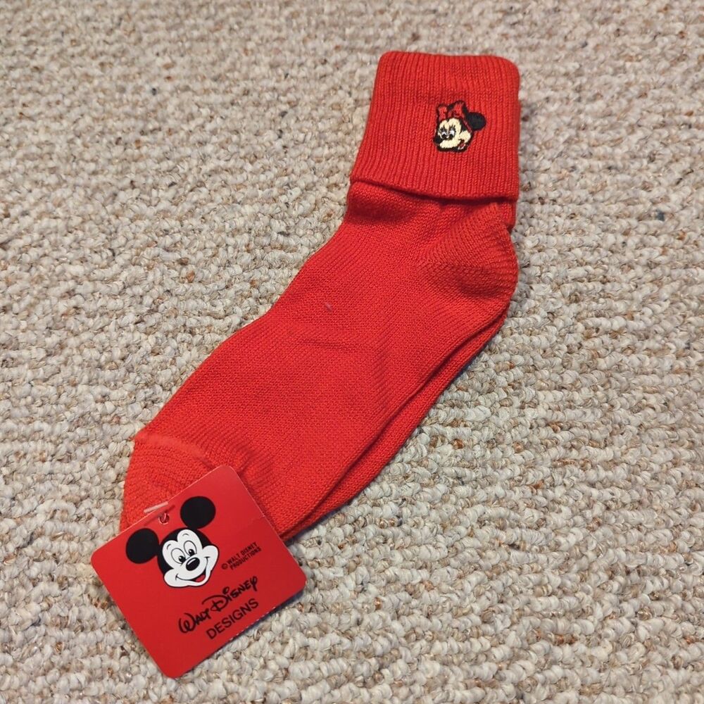 Vintage Cuffed Minnie Mouse Socks Red Walt Disney Designs Size 9-11 USA